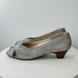 Vintage I.Magnin Suede Peep Toe Pumps with Wood Accent Heels